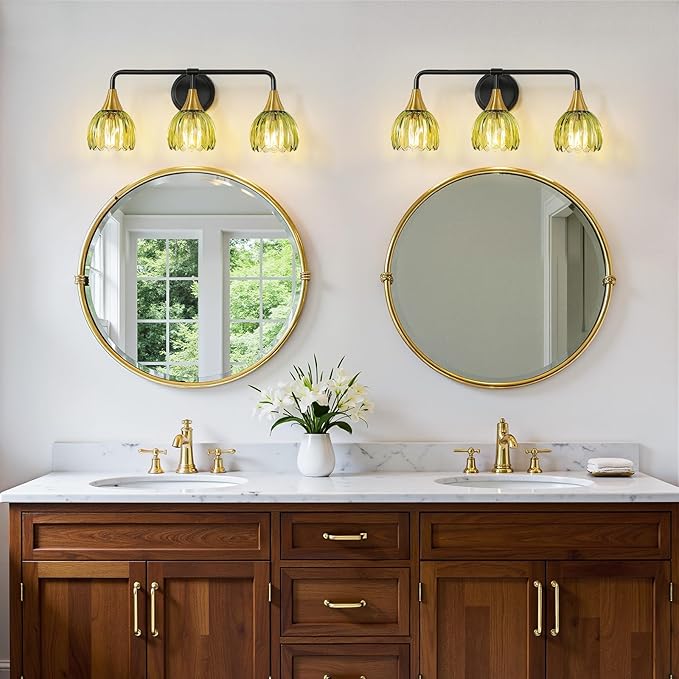 Bathroom Vanity Light Fixtures: 3-Lights Vintage Bathroom Lights Over Mirror with Ribbed Green Tulip Glass Shade - 22.4 inch Black and Gold Wall Sconce Bath Lighting