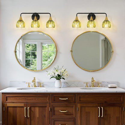 Bathroom Vanity Light Fixtures: 3-Lights Vintage Bathroom Lights Over Mirror with Ribbed Green Tulip Glass Shade - 22.4 inch Black and Gold Wall Sconce Bath Lighting