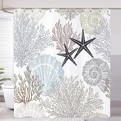 Nautical Coastal Shower Curtain, Brown Tan Blue Ocean Beach Seashell Starfish Themed Bathroom Curtain Waterproof Fabric Machine Washable with Hooks, 60" Wx72 L