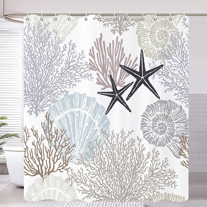 Nautical Coastal Shower Curtain, Brown Tan Blue Ocean Beach Seashell Starfish Themed Bathroom Curtain Waterproof Fabric Machine Washable with Hooks, 72" Wx72 L