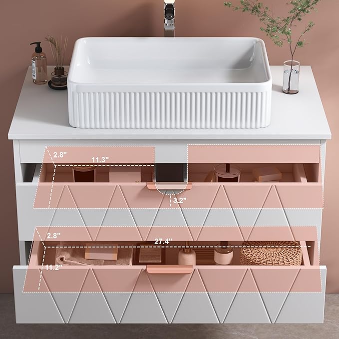 32 inch Bathroom Vanity with Vessel Sink, Wall Mounted Bathroom Cabinet with 2 Soft Closing Drawers, Rose Gold Handle, Solid Wood Countertop, Floating Modern Bathroom Vanity for Small Space, White