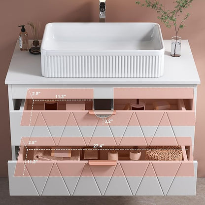 32" Floating Bathroom Vanity with Single Sink, Modern Stripe Wall Mounted Bathroom Vanities with Above Ceramic Basin, Wood Bathroom Vanity Storage Cabinet with 2 Drawers, White