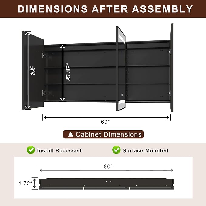 60 x 32 Inch LED Medicine Cabinet with Mirror, Recessed or Surface Mount, Soft Close Hinges, Adjustable Shelves, Black