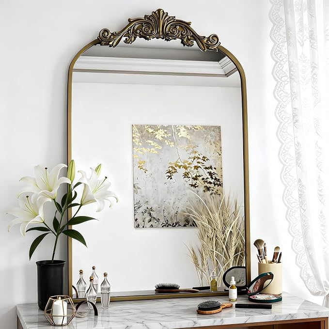 Dewfig Vintage Arched Wall Mirror, 36"x24" Antique Bronze Bathroom Mirror | Ornate Baroque Metal Frame Brass Mirror, Victorian Antique Bronze Mirrors for Living Room, Bathroom, Fireplace, Wall Decor
