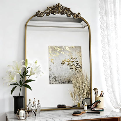 Dewfig Vintage Arched Wall Mirror, 36"x24" Antique Bronze Bathroom Mirror | Ornate Baroque Metal Frame Brass Mirror, Victorian Antique Bronze Mirrors for Living Room, Bathroom, Fireplace, Wall Decor