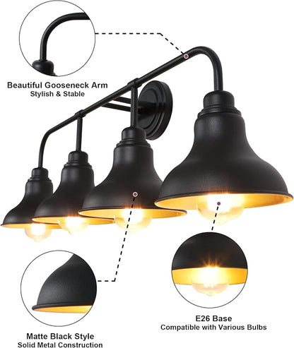 34.25-Inch 4-Light Matte Black Vanity Light for Bathroom Mirror | Farmhouse industrial style, matte black metal, 4 E26 base max 60W, no bulbs, wall lighting for bathroom mirror, hallway