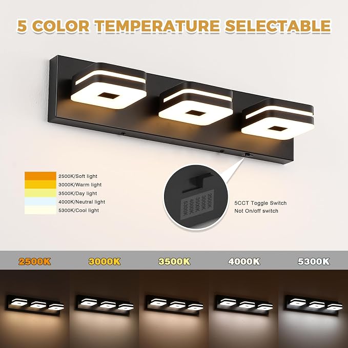 Modern Bathroom Vanity Lights, 3-Light Dimmable LED Wall Sconce, Matte Black Vanity Light for Mirror, 5CCT Adjustable Vintage Bathroom Lighting Fixtures Over Sink