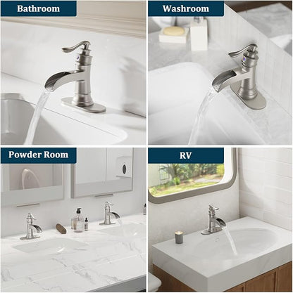 Brushed Nickel Waterfall Bathroom Faucet Single Handle Bathroom Sink Faucet | 1 Hole or 3 Hole Sink Brass Waterfall Faucet for Vintage Antique Lavatory Washroom with Pop Up Drain Deck Plate by BATHLAVISH