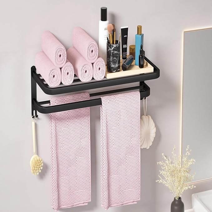 DDS-DUDES 15 Inch Black Towel Racks for Bathroom Towel Shelf with Double Towel Bars Lavatory Wall Mount Holder with Hooks Stainless Steel Hotel Bath Rack (Matte Black)