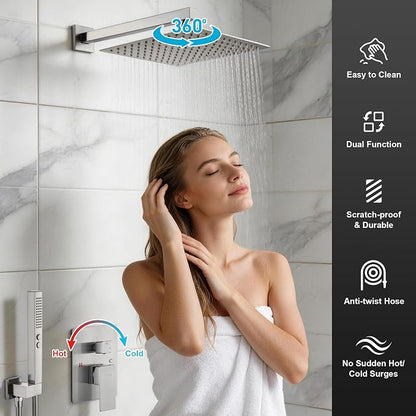 Rain Shower System, 8''Rain Head,2-Spray Handheld,Brushed Nickel | 2 Spray Functions,Anti-Tangle Explosion-proof PVD Hose,Balance Temp Valve,Rust-proof & Scratch-resistant