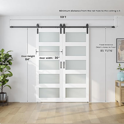 SMARTSTANDARD Double 30×84 Glass Barn Door with Sliding Hardware Kit | Pre-Drilled Ready to Assemble, Waterproof PVC Coating, 5-Panel Glass, White