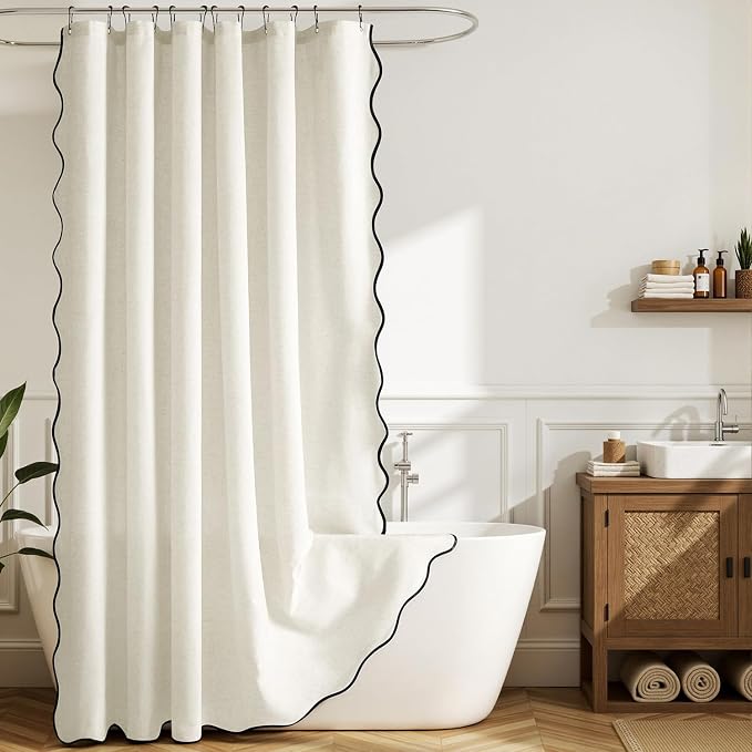 MIULEE White Scalloped Linen Shower Curtain 72W x 72L | 12 metal hooks, Linen scalloped, waterproof washable, thick heavy cloth, black border, boho farmhouse, bathroom hotel use