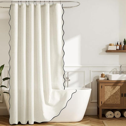 MIULEE 84" Long White Scalloped Linen Shower Curtain 72W x 84L | 12 metal hooks, Linen scalloped, waterproof washable, thick heavy cloth, black border, boho farmhouse, bathroom hotel use