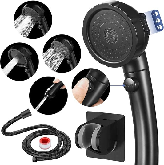 HANLIAN Black On/Off High Pressure Handheld Shower Head for RV Camper | 3 Spray Modes Shower Head with Pause Button, Water Saving Shower Head with Hose and Adjustable Self-adhesive Holder