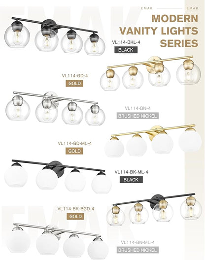 Emak 29 Inch Black Vanity Light with Milk Glass Shade, Farmhouse Globe Bathroom Light Fixtures Over Mirror, Modern 4-Light Bathroom Vanity Light, VL114-BK-ML-4