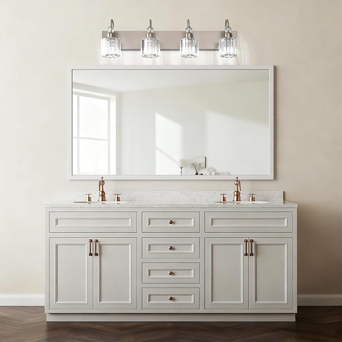 Ralbay 4-Light Crystal Vanity Light for Bathroom Brushed Nickel Modern Bathroom Light Fixtures
