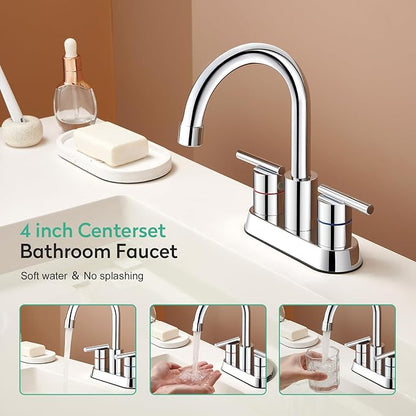 Faustina Polished Chrome Bathroom Faucet, 4 Inch Centerset Bathroom Faucet for Sink 2 Holes 3 Holes，Two Handles 304 Stainless Steel Faucet with Pup up Drain and 2 Water Supply Lines for RV Vanity