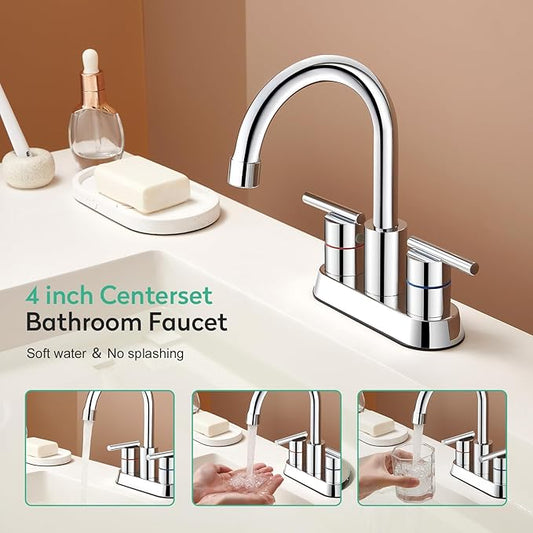 Faustina Polished Chrome Bathroom Faucet, 4 Inch Centerset Bathroom Faucet for Sink 2 Holes 3 Holes，Two Handles 304 Stainless Steel Faucet with Pup up Drain and 2 Water Supply Lines for RV Vanity
