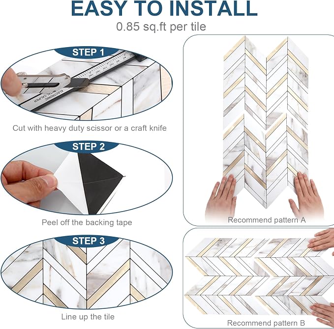 Yipscazo 10 Sheets Herringbone Backsplash Peel and Stick Tile, Marble Calacata Mixed Metal Gold PVC Stick on Backsplash for Kitchen, Waterproof Self Adhesive Wall Tile for Bathroom