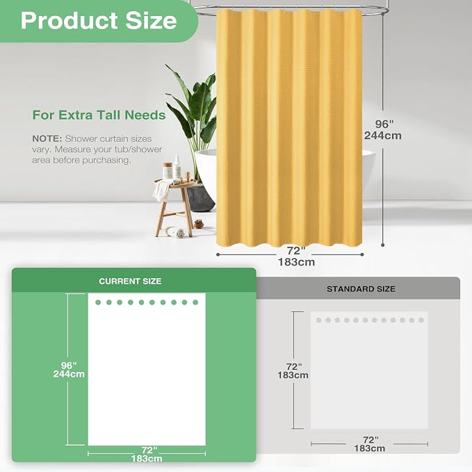 Extra Long Waffle Shower Curtain 256 GSM Fabric 72x96 Gold | 96 Inch Tall, Thick Cloth, Weighted Hem, Water Repellent, Hotel Luxury Polyester Shower Curtain Set for Bathroom 12 Hooks