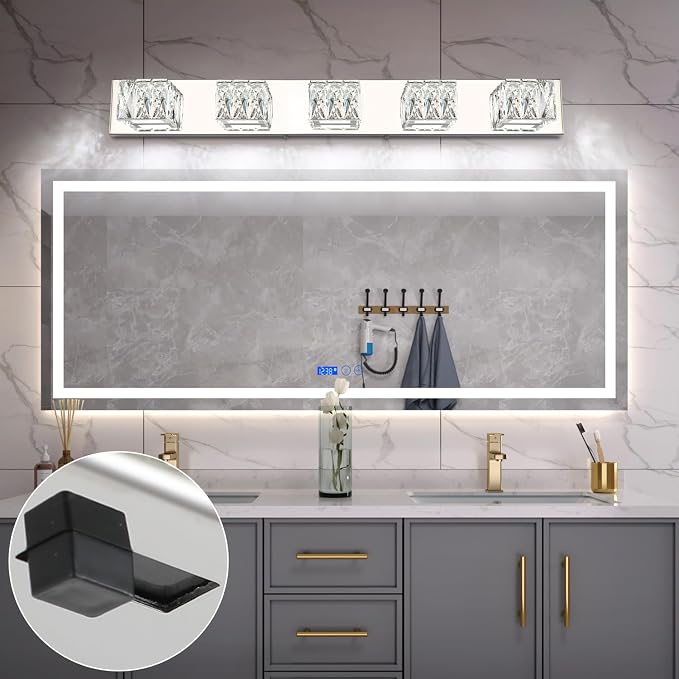 Modern Bathroom Vanity Light - 5 Light LED 5CCT Dimmable Vanity Lighting Fixtures - Crystal Chrome Bathroom Lights Over Mirror