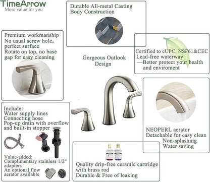 Bathroom Faucet with Pop-up Drain and Supply Lines, Brushed Nickel Widespread Bathroom Sink Faucet for Lavatory Vanity RV Farmhouse, TAF826-BN