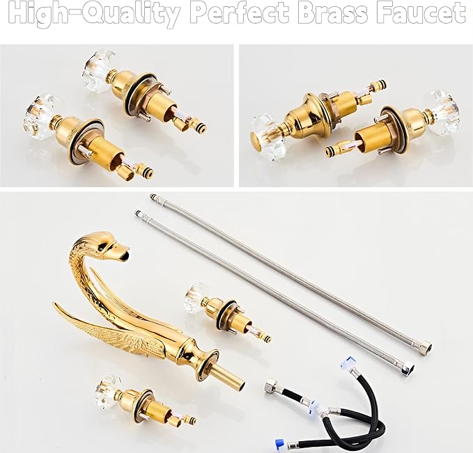 Golden Ornate Swan Style Bathroom Sink Faucet Combo Deck Mount Sink Mixer Tap Set Hot Cold Water