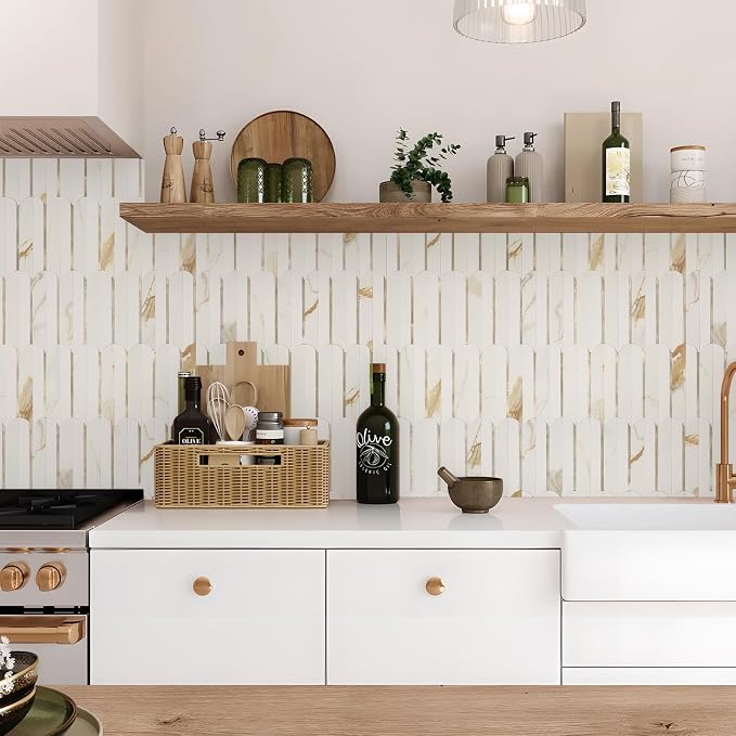 Vamos Tile Peel and Stick Backsplash Seamless Tile,Fish Scale,10 Sheets | Stick on Backsplash for Kitchen & Bathroom,Calacatta Gold+White PVC +Light Gold Self Adhesive Backsplash Tile,11.9''x10.8''