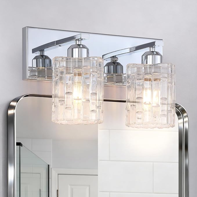 Chrome 2-Light Crystal Bathroom Vanity Light Fixture Over Mirror, Modern Bathroom Wall Light for Living Room, Bedroom, Hallway