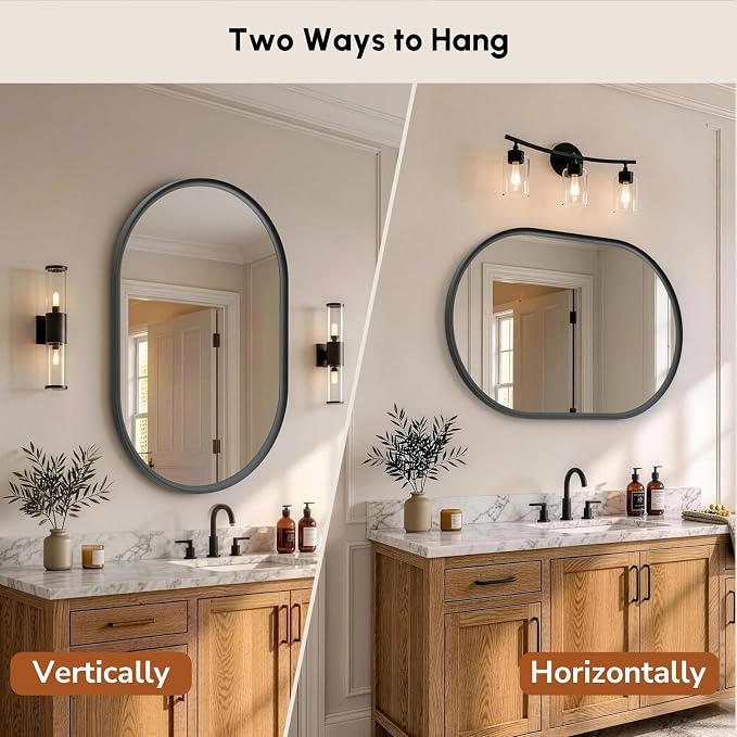 Black Pill Oval Mirror for Bathroom 24x36 Inch | Small Vanity Mirror, Crystal-Clear HD Glass, Rust-Proof Aluminum Frame, Inner-Curved Decor for Bedroom, Entryway Renovation