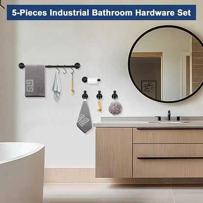 NearMoon 5-Pieces Industrial Pipe Bathroom Hardware Set, Include 18 Inch Towel Bar, Toilet Paper Holder and 3 Robe Hooks, Heavy Duty DIY Style Wall Mounted Rustic Decor Accessories Kit (Black)