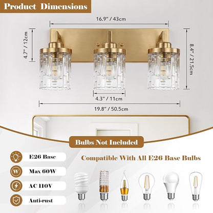 maesta Gold Bathroom Light Fixture,3 Light Modern Vanity Light Over Mirror | Modern Vanity Light, Gold Metal & Crystal Glass Fixture, Anti-Rust, Easy to Install for Bathroom Hallway Bedroom Entryway