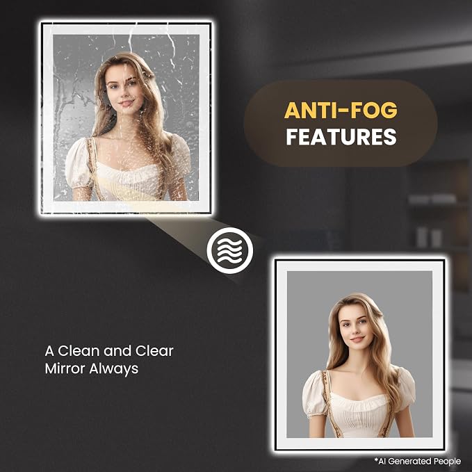 LOAAO 32"X36" LED Bathroom Mirror Black Framed | Anti-Fog, Dimmable, Memory Function, Tempered Glass, Lighted Vanity Mirror for Wall