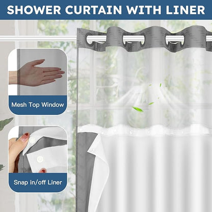 FADOTY Grey No Hook Shower Curtain Set with Snap in Liner, 71'' x 74'' | Bathroom Hotel Fabric Curtain, Waterproof Washable Liner, See Through Top Window, Ringless Chevron Tufted Cloth Curtain