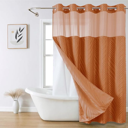 eachope no Hook Shower Curtain and Fabric Liner Set，Thanksgiving Autumn Shower Curtain, Boho Tufted Striped Style with See Through Top Window,Orange, 71Wx74H