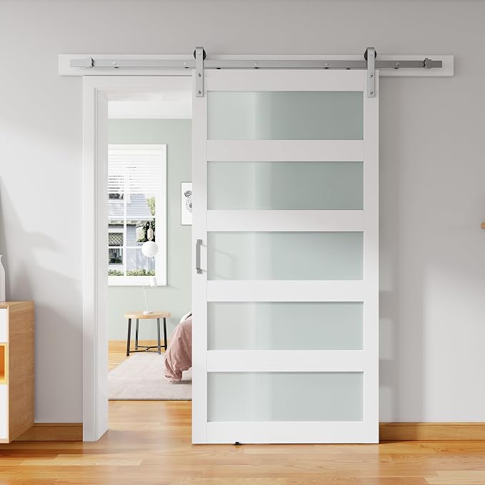 40'' x 84'' Glass Barn Door and 7FT Brushed Nickel Hardware Kit | MDF White Barn Door Slab with Frosted Glass, PVC Surface, Combined with Handle and Floor Guide-Assembly Required