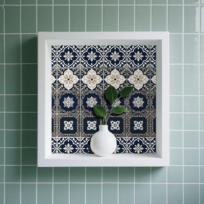 36 Pcs 4 Styles Retro Mosaic Patten Tile Sticker Blue Patten Wall Tile Stickers Waterproof Self Adhesive Stick on Decals for Kitchen Bathroom Wall Art 4×4 Inch