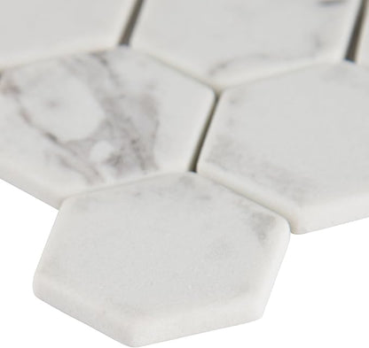 MSI Statuario Celano Hexagon Glass Tile for Kitchen Backsplash, Wall Tile for Bathroom, Accent Wall Tile, and Shower Wall Tile, 12.75 in. x 11.02 in. Mesh-Mounted Mosaic Tile, White