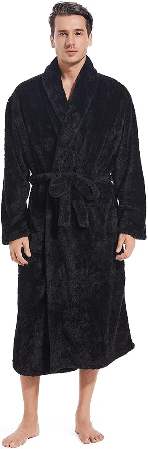 Inner Wish Mens Plush Fleece Robe, Cozy Warm Bathrobe Fuzzy Male Spa Long Robe With Pockets (DARK GREY)