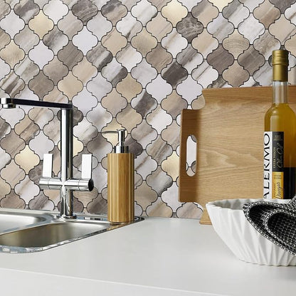 STICKGOO Arabesque Peel and Stick Backsplash Tile, Stick on Backsplash for Kitchen and Bathroom, Gold Wood Grain Marble Look PVC Mixed Metal Aluminum Mosaic Tiles(10 Sheets)