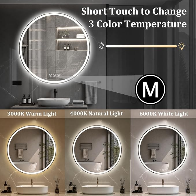 Round LED Bathroom Mirror, 32 Inch, HD Shatterproof Tempered Glass | Lighted Bathroom Mirror with Dimmable Lights Bathroom Mirror with Lights for Wall, 3 Color Temperatures