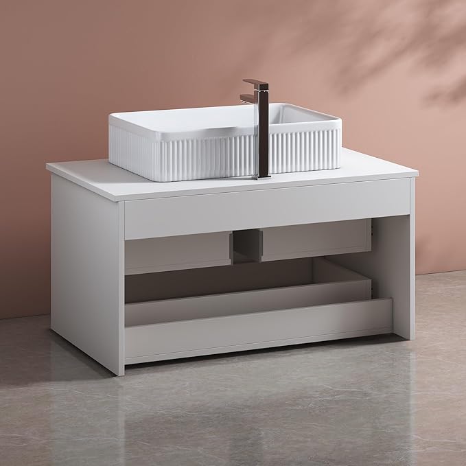 32" Floating Bathroom Vanity with Single Sink, Modern Stripe Wall Mounted Bathroom Vanities with Above Ceramic Basin, Wood Bathroom Vanity Storage Cabinet with 2 Drawers, White