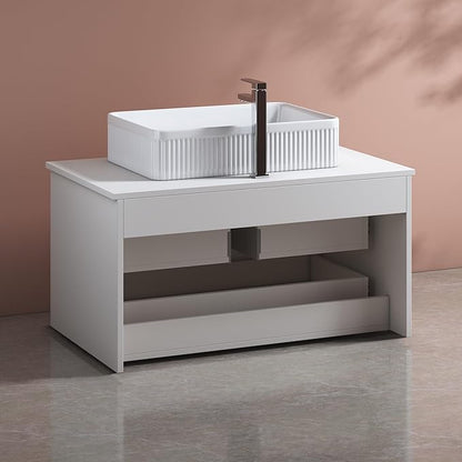 32" Floating Bathroom Vanity with Single Sink, Modern Stripe Wall Mounted Bathroom Vanities with Above Ceramic Basin, Wood Bathroom Vanity Storage Cabinet with 2 Drawers, White