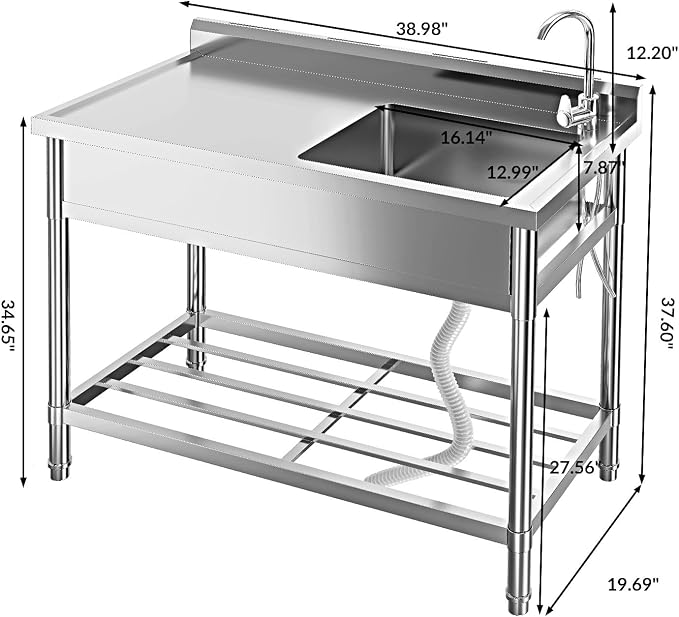 Free Standing Utility Sink, 39" Single Bowl Stainless Steel Commercial Sink with Cold and Hot Water Pipe & Workbench, for Kitchen, Laundry | Free Standing Utility Sink with Cold and Hot Water Pipe & Workbench, for Kitchen, Laundry