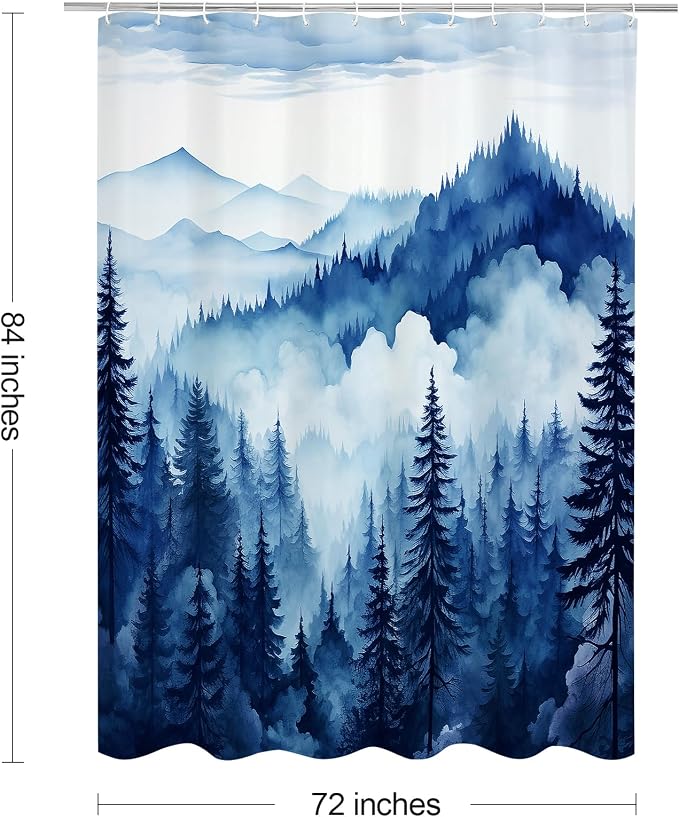 Litabel Navy Blue Extra Long Misty Pine Forest Shower Curtain 72 x 84, XL Mountain Foggy Woodland Scenery Tree Shower Curtains for Bathroom, Abstract Waterproof Nature-Themed Decor