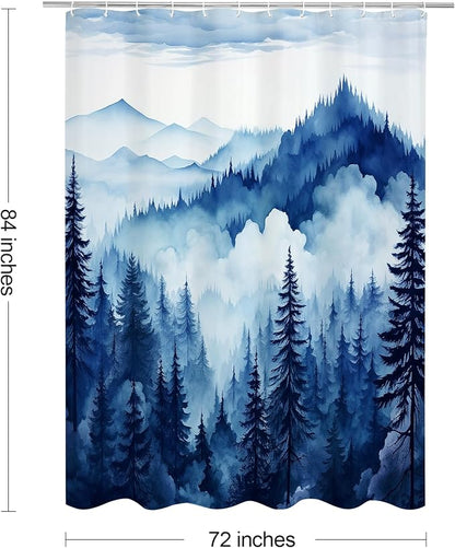 Litabel Navy Blue Extra Long Misty Pine Forest Shower Curtain 72 x 84, XL Mountain Foggy Woodland Scenery Tree Shower Curtains for Bathroom, Abstract Waterproof Nature-Themed Decor
