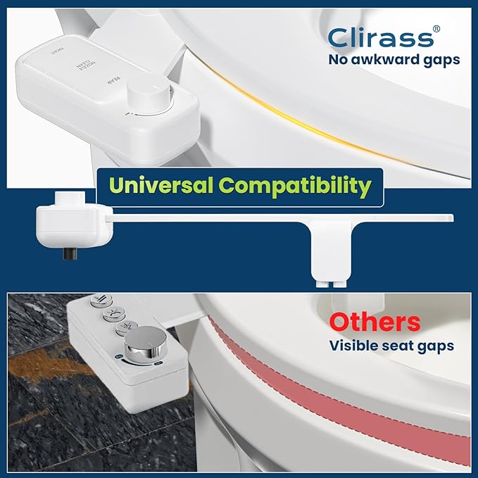 Ultra-Slim Bidet Attachment, Self-Cleaning Dual Nozzle (Feminine/Posterior Wash), Accessibility-Enhanced Large Buttons, Quick-Release, Non-Electric Fresh Water System with Adjustable Pressure