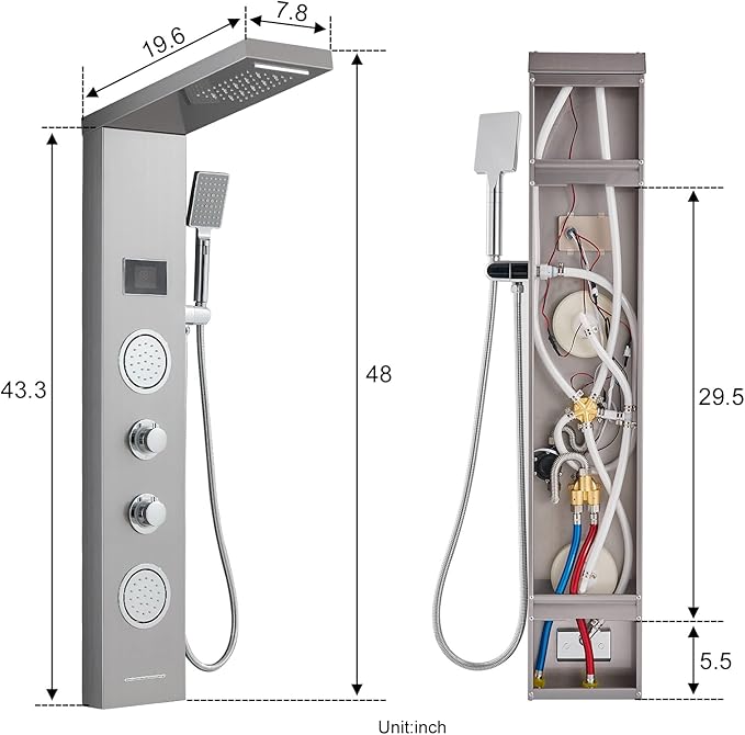 ROVATE Shower Panel Tower System with LED Rainfall Waterfall Shower Head, 5-in-1 LED Stainless Steel Shower Panel System with Body Massage Jets, Handheld Shower and Tub Spout, Brushed Finish