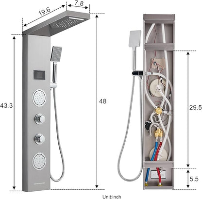 ROVATE Shower Panel Tower System with LED Rainfall Waterfall Shower Head, 5-in-1 LED Stainless Steel Shower Panel System with Body Massage Jets, Handheld Shower and Tub Spout, Brushed Finish
