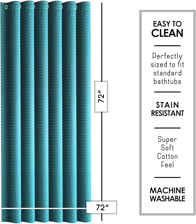 Clara Clark Teal Shower Curtain - Hotel Quality Waffle Fabric Bath Curtain 72x72, Heavy Duty Waterproof Shower Curtains for Bathroom